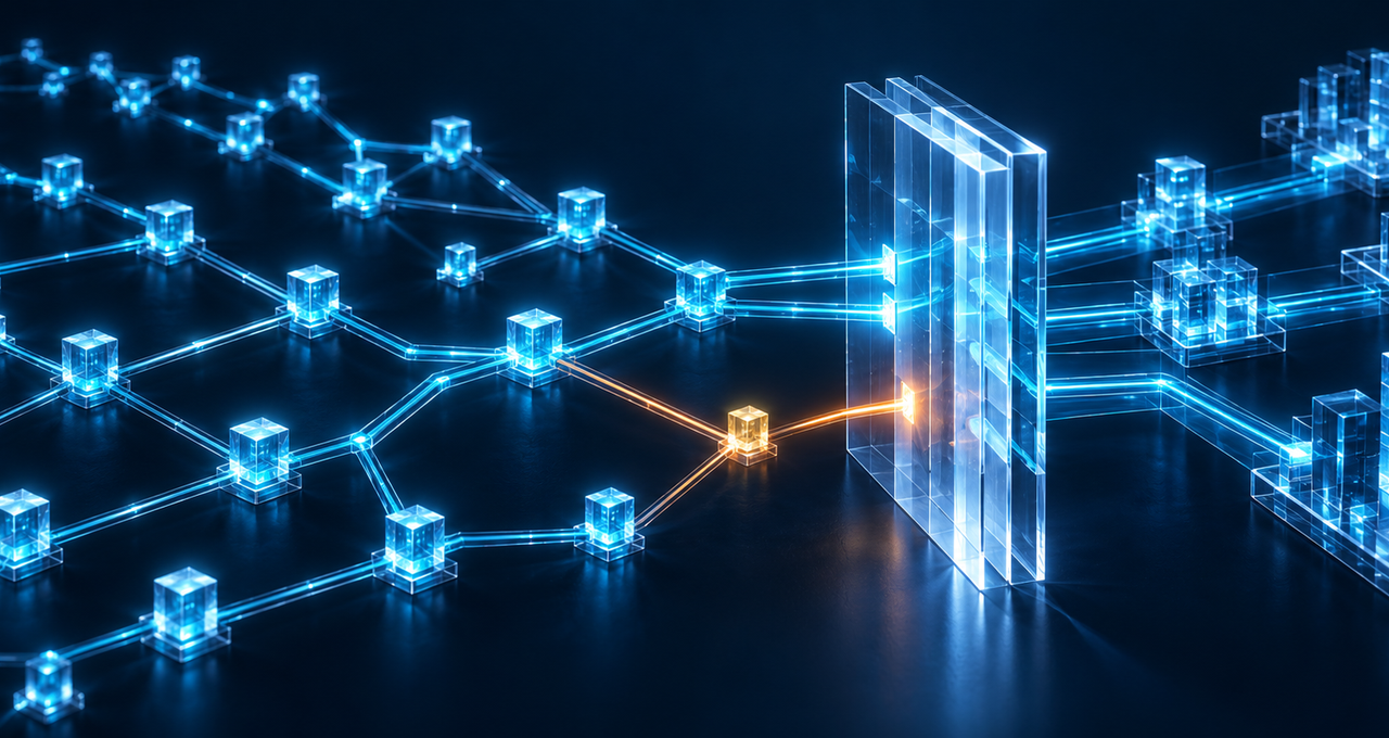 AI agent network with blue data pathways passing through an authorization checkpoint and an amber pathway blocked at the boundary.