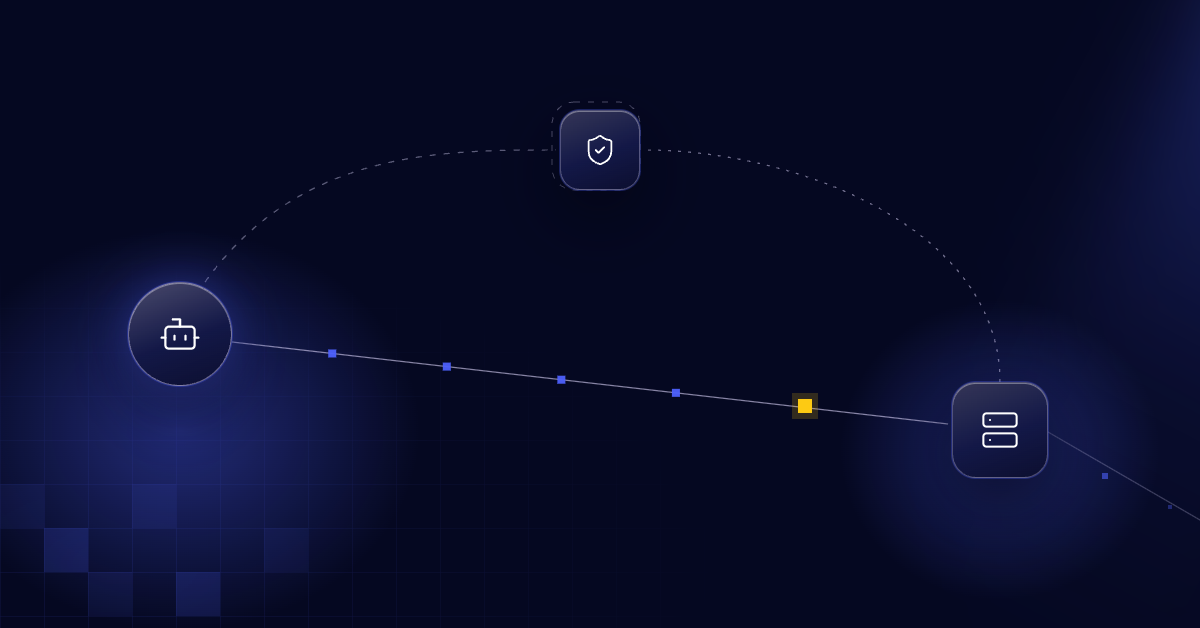 Abstract illustration of a glass robot icon on the left sending a stream of data squares toward a glass server on the right. A dashed path to a glass shield, the expected identity provider, goes unused, while a dotted claim line from the server to the shield imitates it. A gold square on the unchecked path marks where credentials are handed over, symbolizing an AI agent trusting a server that falsely claims an identity.