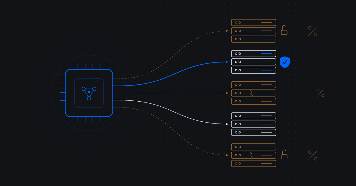 Abstract line illustration of an AI agent connecting to a row of MCP servers, with several servers shown as unsecured and one shown protected by a shield icon, symbolizing MCP server security gaps.