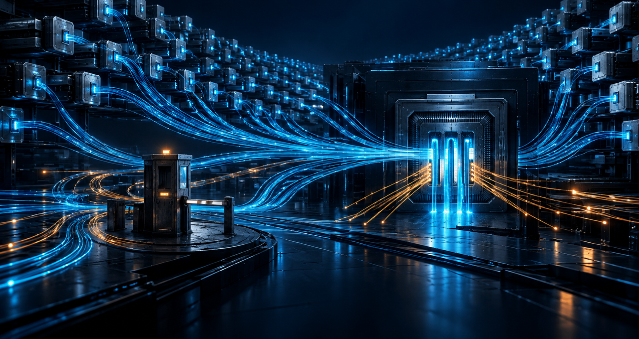 Glowing blue connections from numerous MCP servers converge on a data access gateway, illustrating server sprawl and the need for continuous access control.