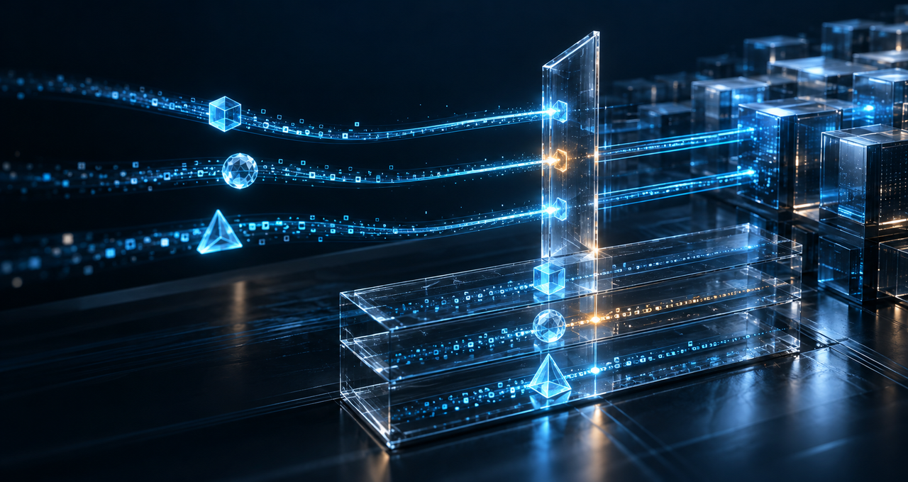 Three distinct AI agent pathways cross a glowing checkpoint, leaving matching audit trails that illustrate accountability and traceable data access.
